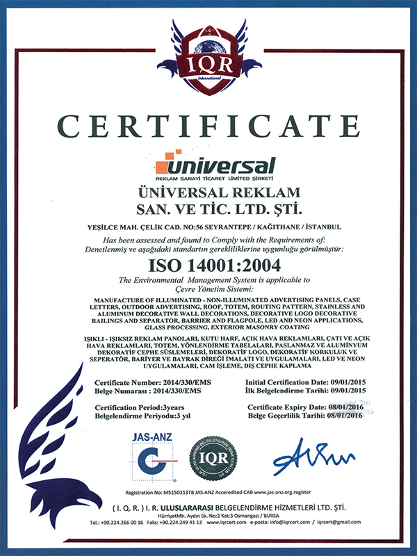ISO 14001:2004 Sertifikası — Universal Reklam