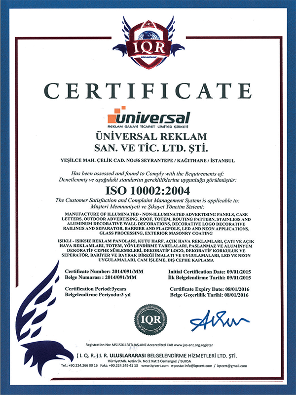 ISO 10002:2004 Sertifikası — Universal Reklam